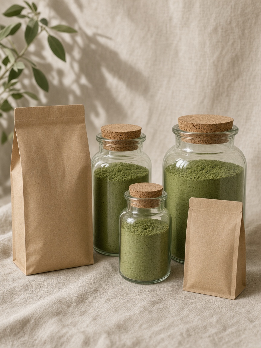 Unbranded kraft pouches and glass jars