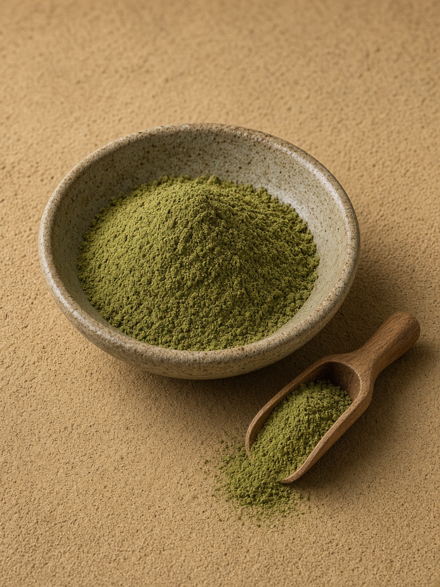 Fine green botanical powder in a stoneware dish